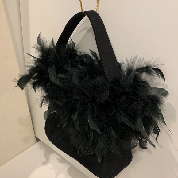 J Renee Black Genuine Ostrich Feather Fun Fringe Plume Purse Bag Black Gold HW - Picture 3 of 7
